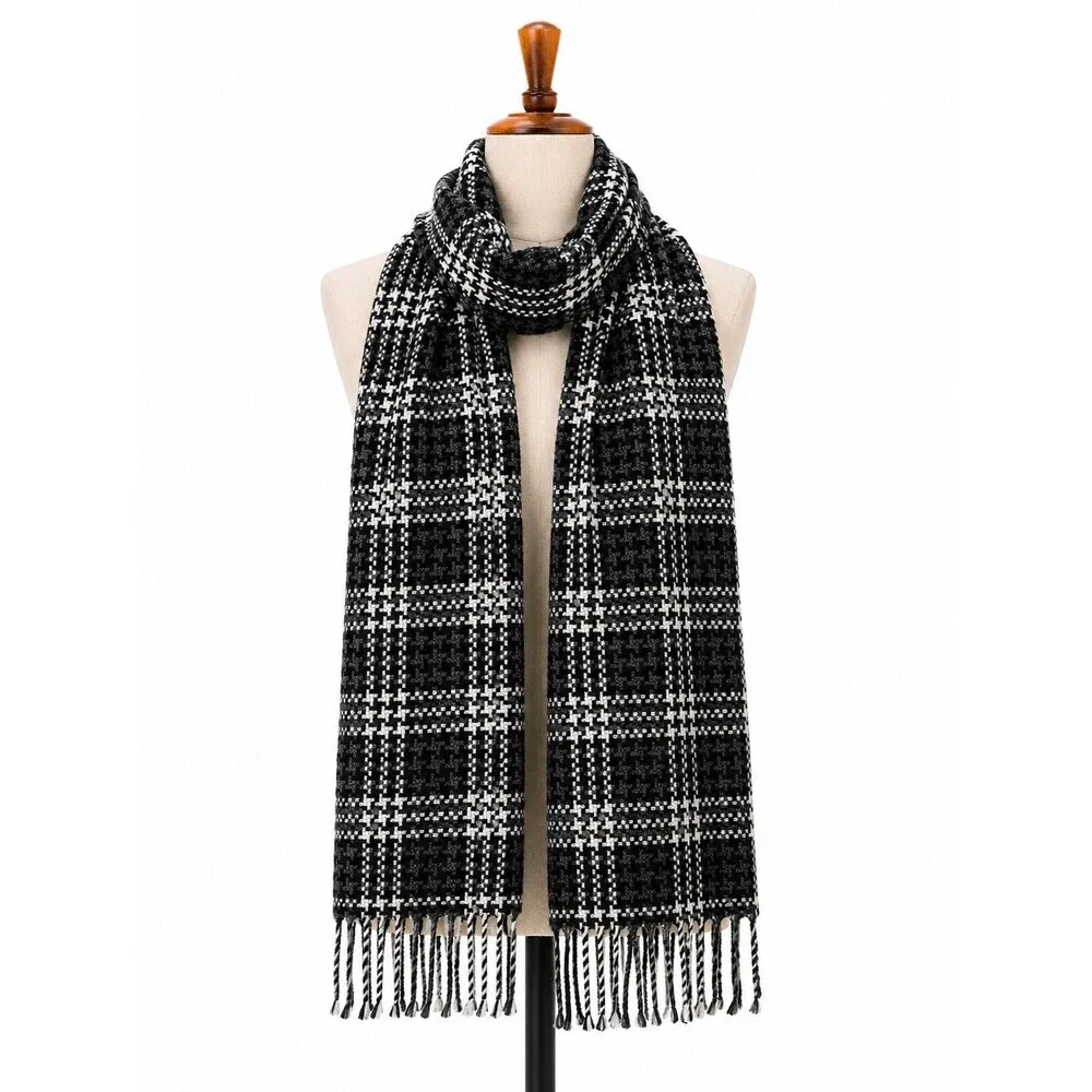 Charter Club 100% Cashmere Scarf Black Grey White Plaid Fringe Preppy Knit